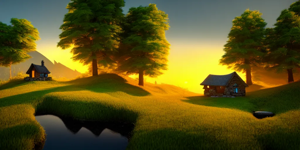 Image similar to a beautiful fantasy landscape, mountain in background, little cottage, small pond, some trees in the corner, sunrise, hyper realism, octane render