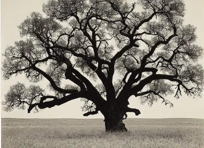 Prompt: Oak tree in a grassy flat desert, albumen silver print by Timothy H. O'Sullivan.
