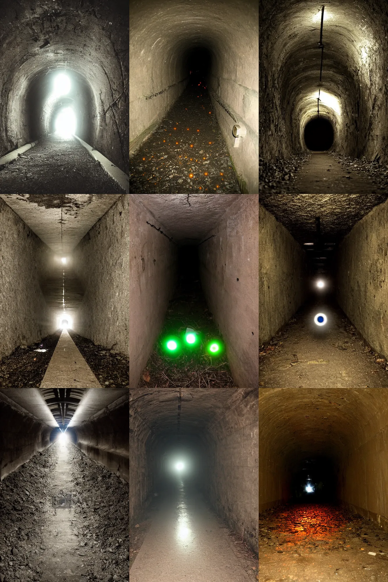 Prompt: multiple glowing eyes at the end of a tunnel in the sewers, dark, creepy, scary, flash light