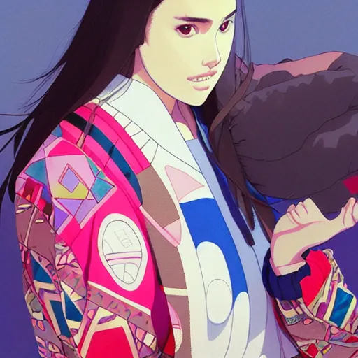 Image similar to a beautiful plus sized model japanese natalie portman, alluring, wearing oversized mayan bomber jacket and leotard with overalls, bulky poofy bomber jacket with mayan patterns, aztec street fashion, gapmoe yandere grimdark, trending on pixiv fanbox, painted by greg rutkowski makoto shinkai takashi takeuchi studio ghibli, akihiko yoshida