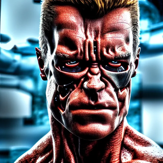 Prompt: terminator, steroids to the max, highly detailed, 4 k, hdr, smooth, sharp focus, high resolution, award - winning photo, boris valejo, photorealistic