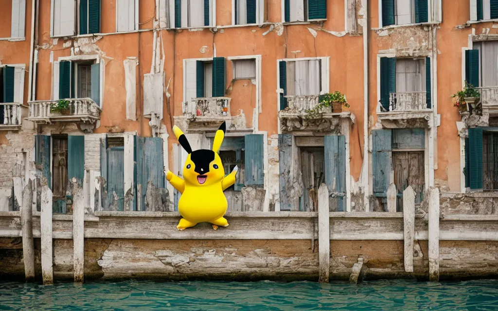 Prompt: vintage shot of pikachu in venezia, 1 9 8 0, hasselblad mamiya kodak ektar velvia