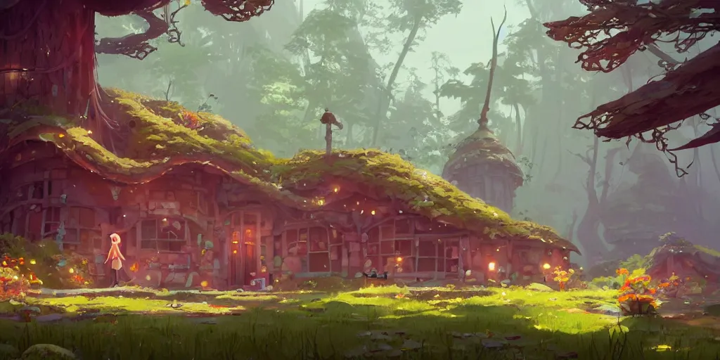 Image similar to elven mushrooms houses, moss, lianna, jungles, by cory loftis & akihiko yoshida & james gilleard & atey ghailan & makoto shinkai & goro fujita & studio ghibli, rim light, exquisite lighting, clear focus, magic atmosphere, very coherent, plain background, soft painting