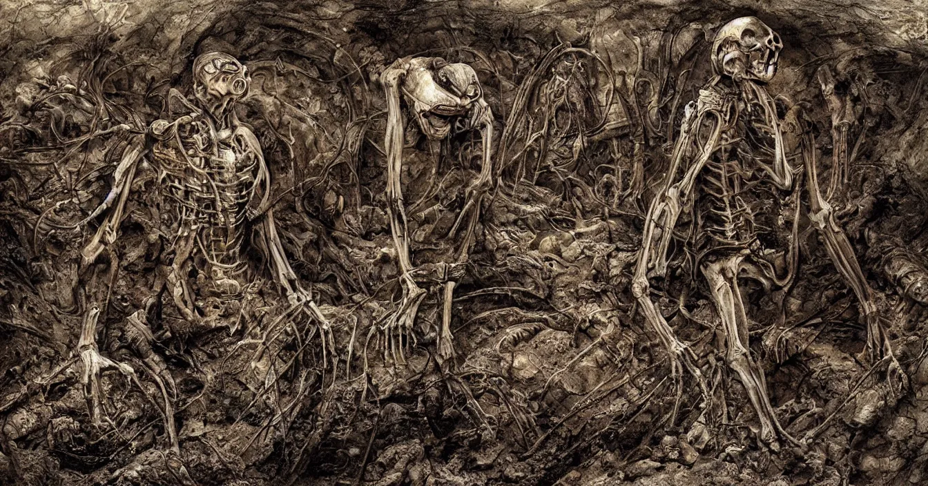 Prompt: futuristic archaeologist excavating buried huge alien skeleton hidden in deep dark mud, deep sense of horror atmosphere, visual fidelity and plasticity, deep depth, defocus, digital art, in style of franklin booth