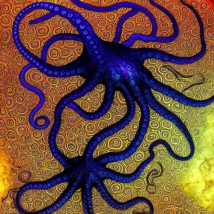 Image similar to depicting an octopus, a submarine with tentacles wrapped around it, in the style of h. p. lovecraft, exuberant organic elegant forms, by karol bak and filip hodas : : 1. 4 purple, red, blue, green, black intricate mandala explosions : : intuit art : : turbulent water backdrop : : damask wallpaper : : atmospheric