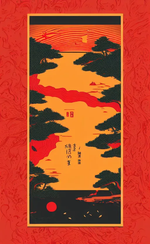 Image similar to hanafuda, portrait of a red charm and a lake in the middle of japanese pines, a big red sun in the background, front game card, vector line art, trending on artstation, concept art, stunning, matte