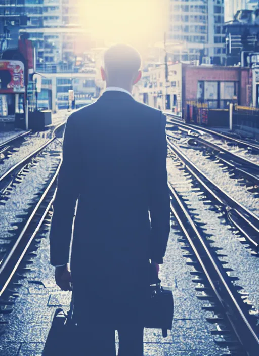 Image similar to a 3 5 mm photo from the back of a businessman standing on a subway platform, splash art, movie still, bokeh, canon 5 0 mm, cinematic lighting, dramatic, film, photography, golden hour, depth of field, award - winning, anamorphic lens flare, 8 k, hyper detailed, 3 5 mm film grain