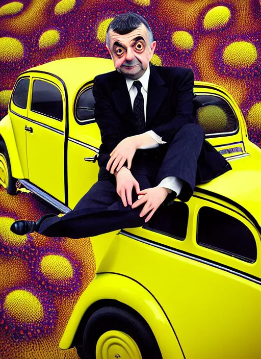 Prompt: hyper detailed 3d render like a Oil painting muted colors - slightly silly portrait of Rowan Atkinson cross eyed as Mr. Bean atop his yellow beetle in Aurora seen tickling of the Strangling network of yellowcake aerochrome and milky Fruit and Her delicate Hands hold of gossamer polyp blossoms bring iridescent fungal flowers whose spores black the foolish stars by Jacek Yerka, Mariusz Lewandowski, Houdini algorithmic generative render, Abstract brush strokes, Masterpiece, Edward Hopper and James Gilleard, Zdzislaw Beksinski, Nicoletta Ceccoli, Wolfgang Lettl, hints of Yayoi Kasuma, octane render, 8k