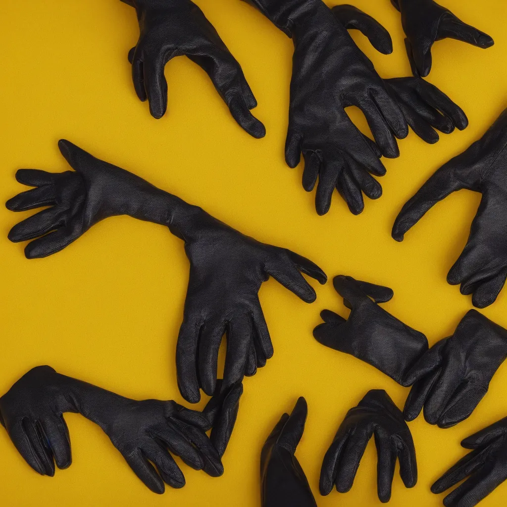 Prompt: close - up view of gloves on yellow background, 8 k, high detail, photorealistic, proper shading