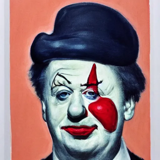Prompt: a highly detailed fine art portrait of british prime minister boris john wearing a clown costume. in the style of edward hopper, richard hamilton.