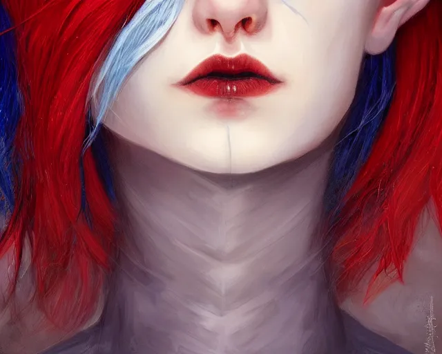 Image similar to A detailed matte oil on canvas head on symmetrical portrait of a distinguished elven woman with red and blue hair on an empty background, by Charlie bowater, Lise Deharme, Wlop, trending on artstationhd, dungeons and dragons art, parted hair , half blue, half red , split dye, critical role