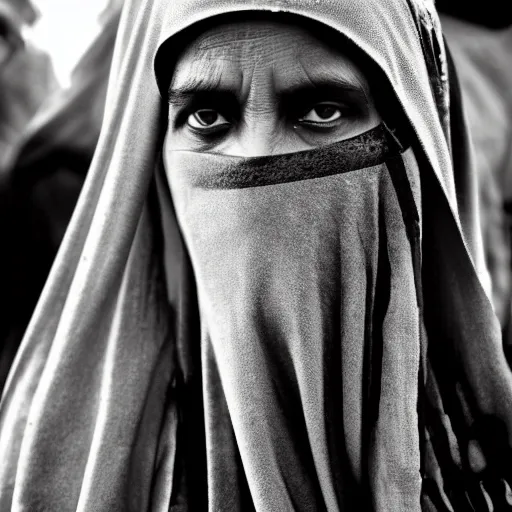 Image similar to 8 k uhd black and white portrait from burqa woman carrying a riffle's, 8 k uhd character details, national geography winning photo contest