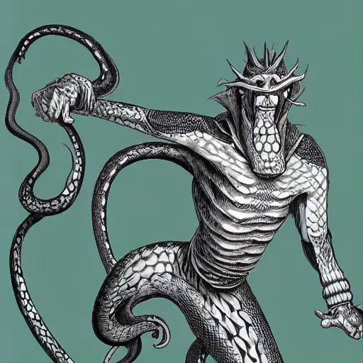 Image similar to a snake with a human face and human arms, serpent, kentaro miura art style