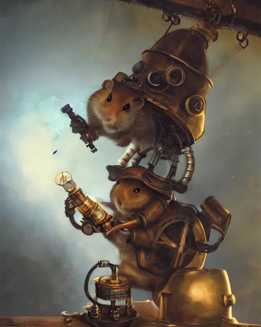 Prompt: oil painting of anthropomorphized hamster holding drill, steampunk clothes, close shot, full body, dark steampunk mine shaft background, sharp focus, fantasy style, octane render, volumetric lighting, 8k high definition, by greg rutkowski, highly detailed, trending on art Station, dungeons and dragons artwork, centered