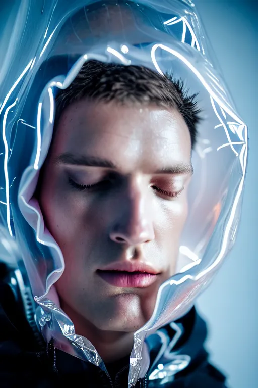 Image similar to an ultra high definition professional high fashion portrait studio full length photograph of a male model sleeping wearing a transparent pearlescent raincoat and neon visor in an icelandic black rock environment at dawn. no artefacts. extremely detailed. stark. refraction. shallow depth of field. volumetric light and shadow. ray tracing. light rays.