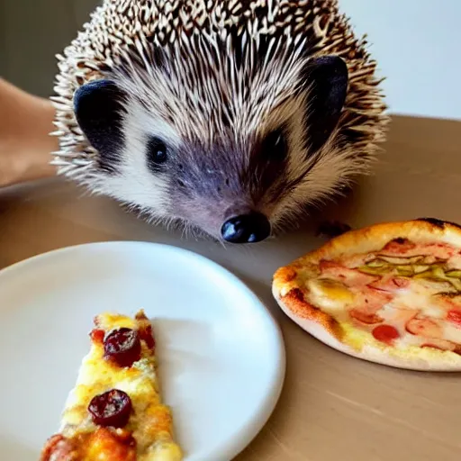 Image similar to still image of a cute hedgehog sitting at a tiny table eating a tiny pizza, photo