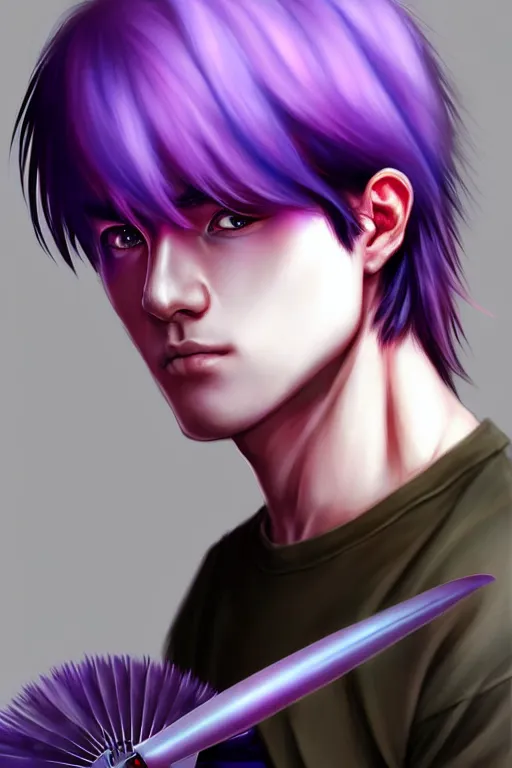 Image similar to gorgeous!!! hyper - realistic teenager boy with purple hair, purple eyes with red eye markets, wearing combat japanese clothes, holding a fan | drawn by wlop, drawn by jeehyung lee, drawn by artgerm | intricate, highly detailed, digital painting, character design, concept art, illustration, artstation