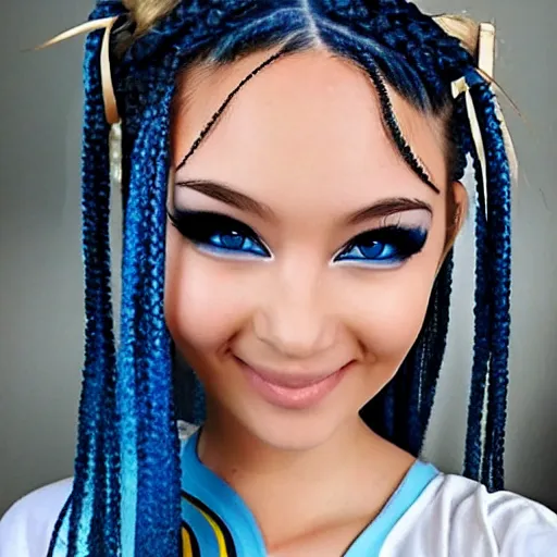 Prompt: stunning smiling anime girl with two blue braids and amazing hot makeup