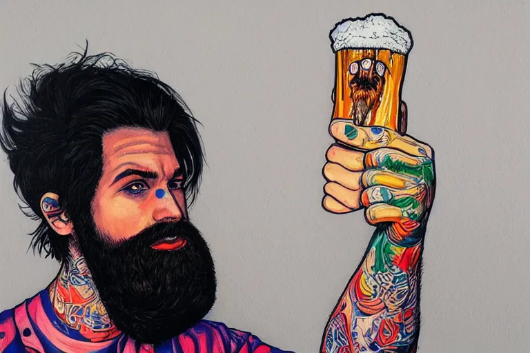 Prompt: a young man holding a beer giving a thumbs up with a long beard, detailed, uncropped, painted by Harumi Hironaka