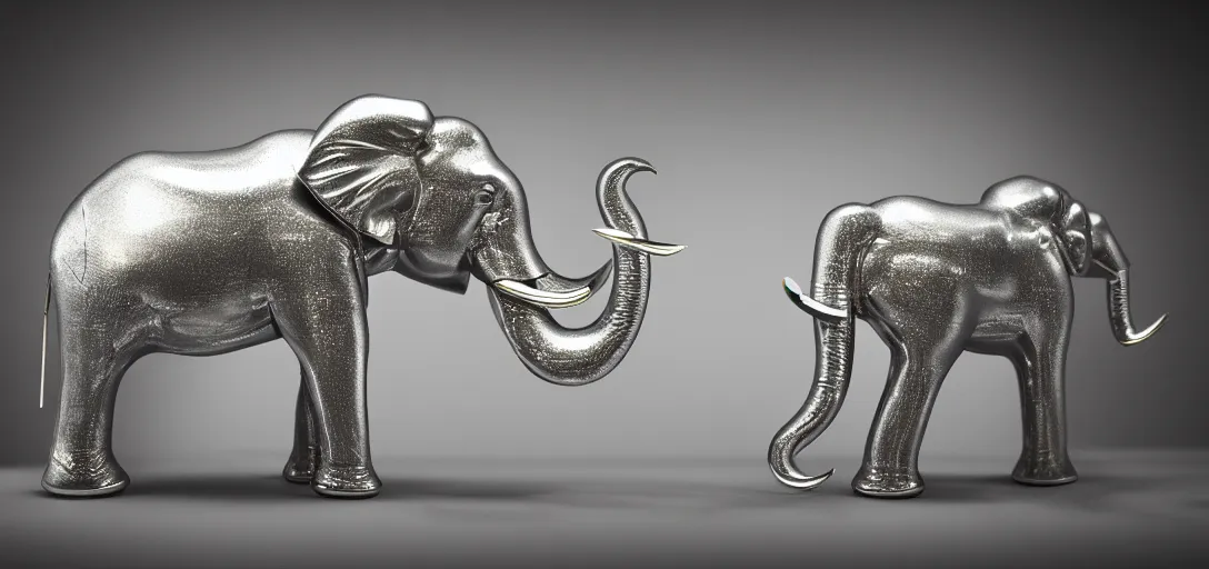 Prompt: a wide shot of silver handcrafted elephant, line of lights running inside the elephant, jewelry lighting, studio lighting, dark background, photorealistic, octane render, unreal engine