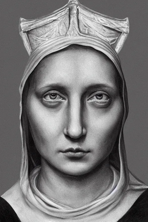 Prompt: hyperrealism close-up portrait of young nun, rotten skin blue skin, hyper detailed silver crown, black background, in style of classicism