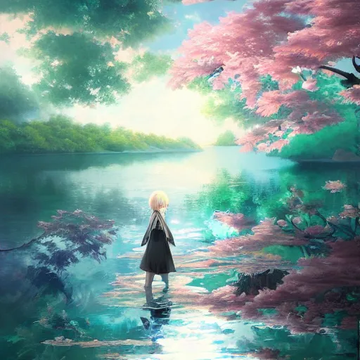 Prompt: advanced anime painting , a lake that leads into another dimension, oil painting, shikamimi, WLOP, RossDraws