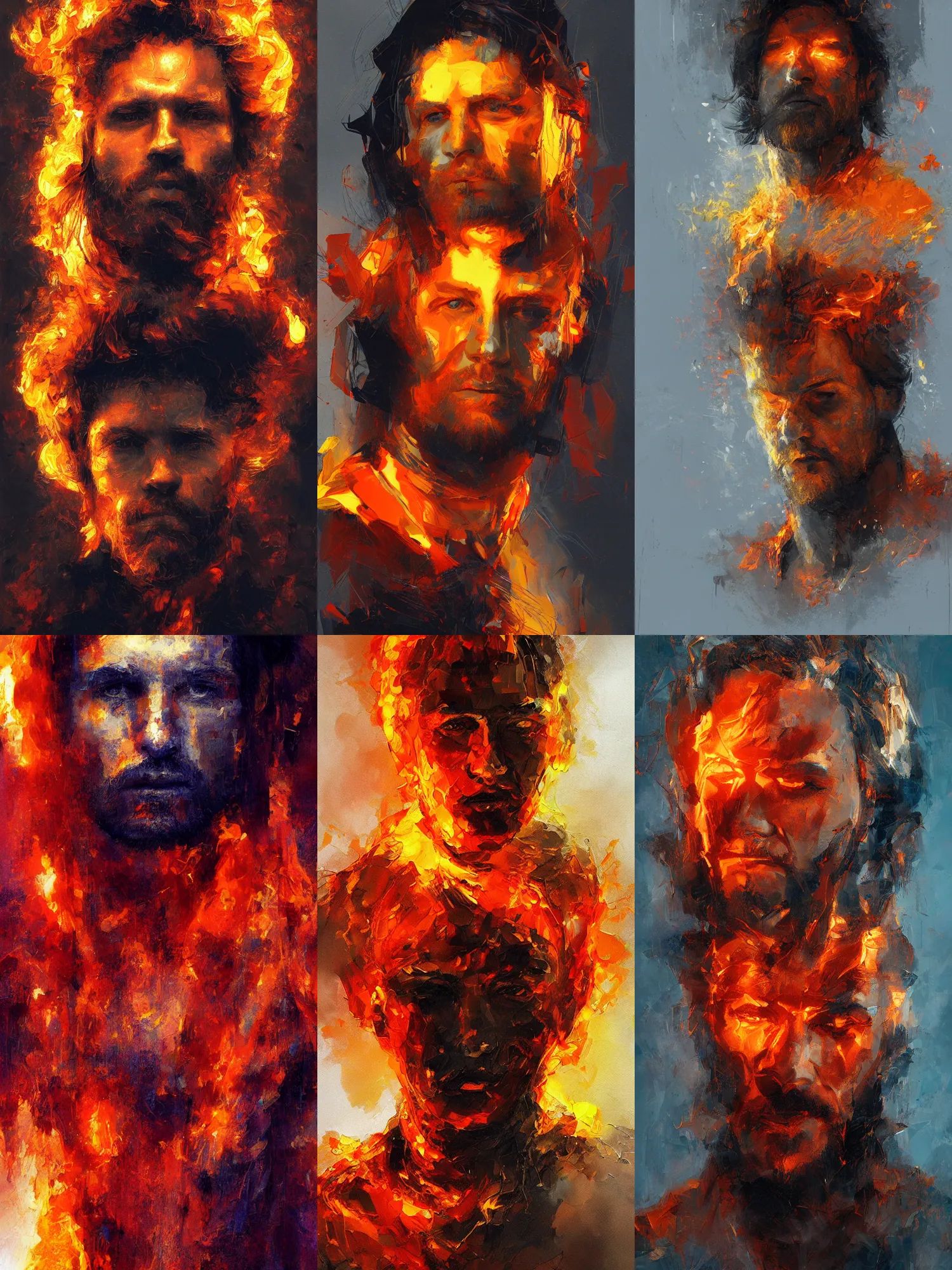 Prompt: abstract painting of man made of flames, handsome. long hair. Stubble. by craig mullins, featured on artstation. Portrait. Stoic.