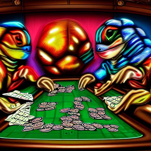 Prompt: Funky Turtles fighting during fancy online poker stream, digital art, 4k,