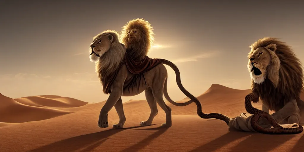 Image similar to a wise old man with a long white beard wearing a hooded tunic, riding a lion in the desert, the man in holding a snake as though it where handlebars and the lion is holding the snake in its mouth, epic cinematic establishing shot, dramatic lighting