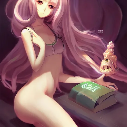 Image similar to cthulhu humanisation as a cute anime girl, by rossdraws, wlop, boris vallejo, gil elvgren, enoch bolles, sleek curves, pixiv award winning, epic light