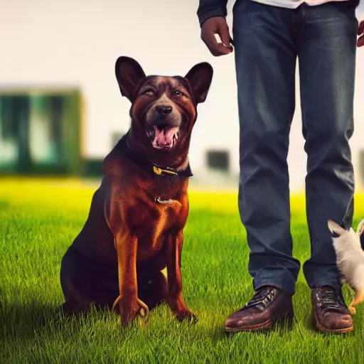 Image similar to a realistic detailed photo of a man who is very angry standing next to a very happy dog, realistic, photographic, cinematic, 8 k