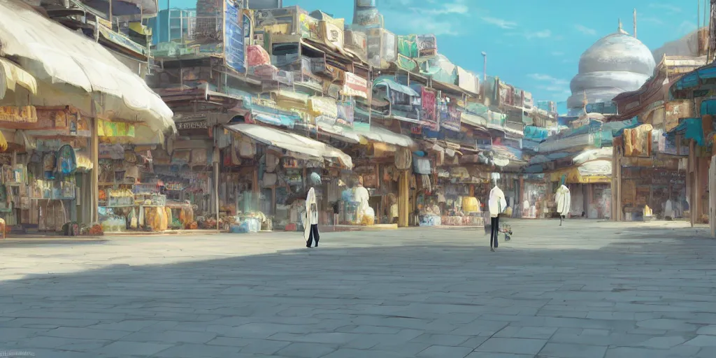 Image similar to empty arabian marketplace with no people by makoto shinkai