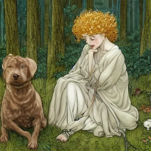 Image similar to girl with curly blonde hair sits in a forest with a white pitbull next to her, highly detailed, painting by rebecca guay