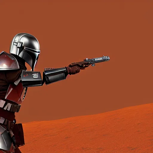 Prompt: the mandalorian fires his weapon sideways while flying over the mars desert