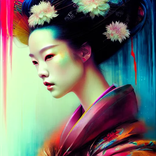 Image similar to blackpink, hyperrealistic portrait of a geisha wearing a colorful kimono, bladerunner street, by karol bak and agnes cecile, fantasy art, photo realistic, dynamic lighting, artstation, poster, volumetric lighting, very detailed face, intricate complexity, rule of thirds, 8 k, award winning