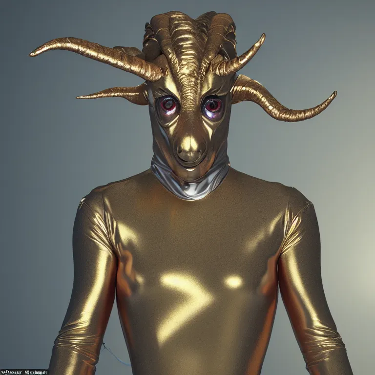 Prompt: octane render portrait by national geographic and wayne barlow and carlo crivelli and glenn fabry, a goat - headed evil demon wearing a tight iridescent silver latex suit, covered in liquid gold, cinema 4 d, ray traced lighting, very short depth of field, bokeh