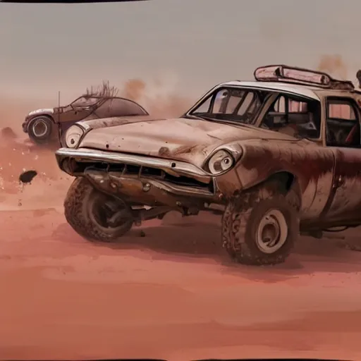 Image similar to a post apocalyptic car chase in the style of mad max, heavily modified cars, low camera angle, truck racing into camera, concept art for a movie