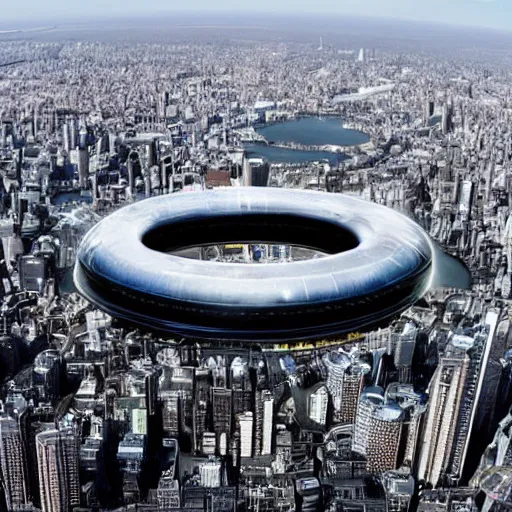 Prompt: a giant ring-shaped space station encircling a modern city floating above the city, the ring is horizontal, surrounding the city, cinematic