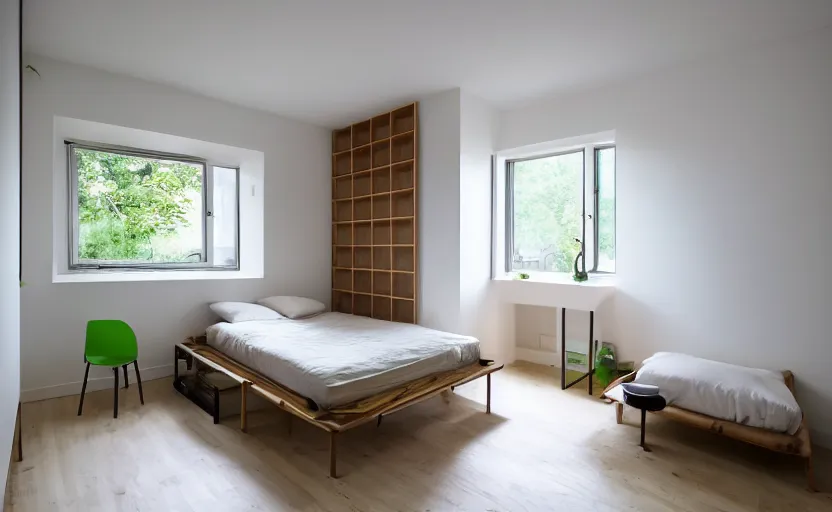 Image similar to interior of a small and compact minimalist bedroom in an apartment building, bed, cupboards, natural materials, bamboo wood, white, beige, bright, green painted wall, windows with a view of a green park, modernist, swedish design, japanese style, 8 k