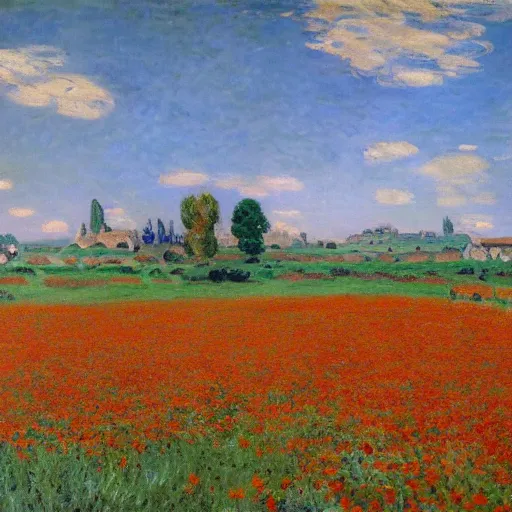 Image similar to A vast field of poppy flowers under a blue sky by Monet, village in distance