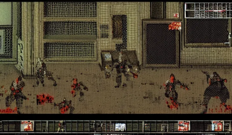 Prompt: Combat in a survival horror game, PS1, 2D sprites, gameplay screenshot, by Hieronymous Bosch