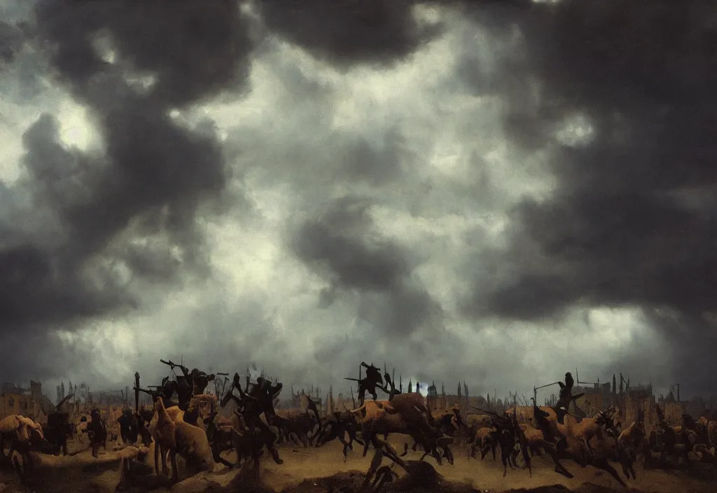 Image similar to medium shot, low-angle, painting of wild hunt in the sky, multiple ghostly riders in the sky, dark clouds, rain, lightning, night, beautiful, dark academia aesthetic, magic vibes, soft lighting, by George Roux, by Vermeer, by Rutkowsky, by Perov,, by oil on canvas, Royal Academy, masterpiece, trending on artstation, cinematic composition, dramatic pose, beautiful lighting, sharp, details, hyper-detailed, HD