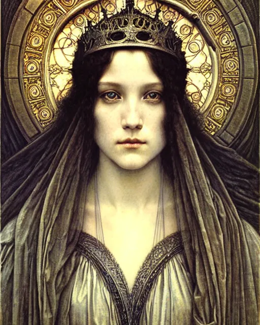 Image similar to detailed realistic beautiful young medieval queen face portrait by jean delville, gustave dore and marco mazzoni, art nouveau, symbolist, visionary, gothic, pre - raphaelite. horizontal symmetry