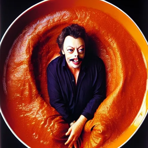 Image similar to uhd tim curry in a bowl of curry. photo by annie leibowitz