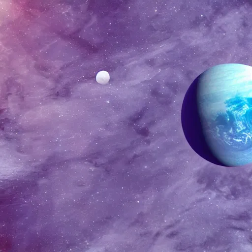 Prompt: close - up of a purple planet from the space with a moon, seas mountains and clouds on its surface,