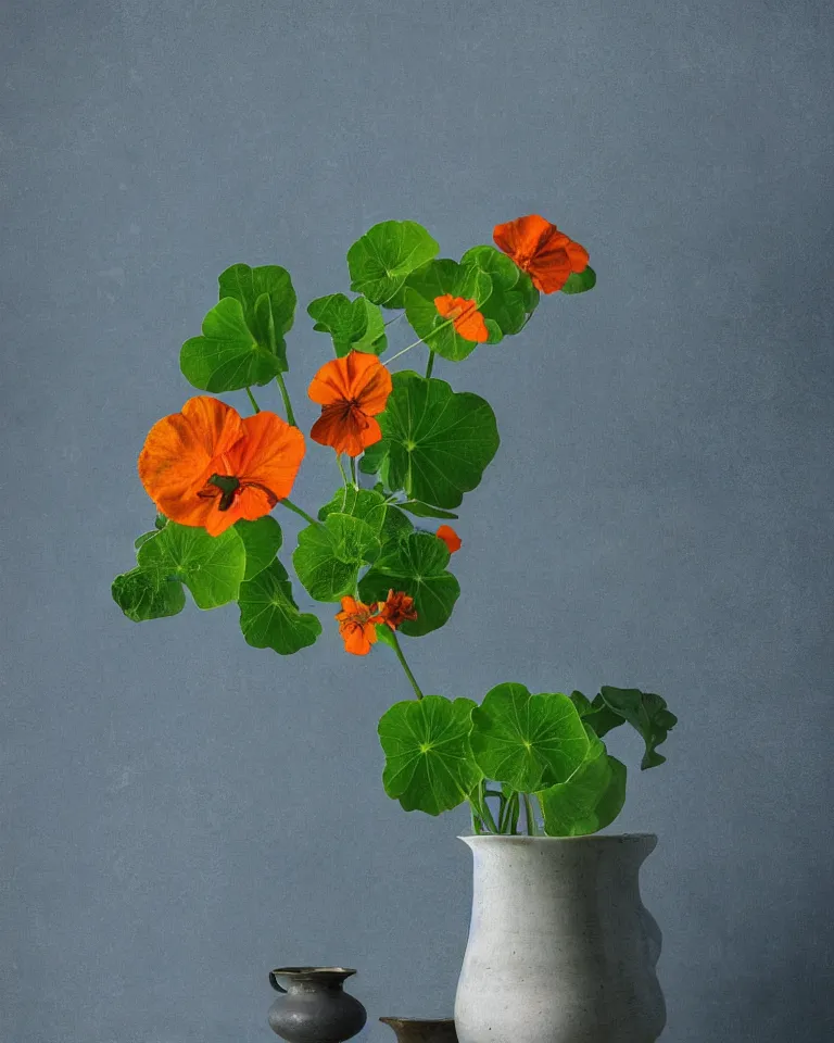 Prompt: photorealistic photograph still life of nasturtium surrounded by blueish smoke with soft light coming from a window in a dark room, moody