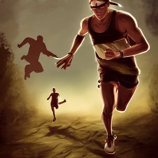 Prompt: action digital art of a an athletic runner holding a bible. Chased by mysterious monsters. concept art, highly detailed, promotional art, HD, digital painting, trending on ArtStation, golden ratio, rule of thirds,