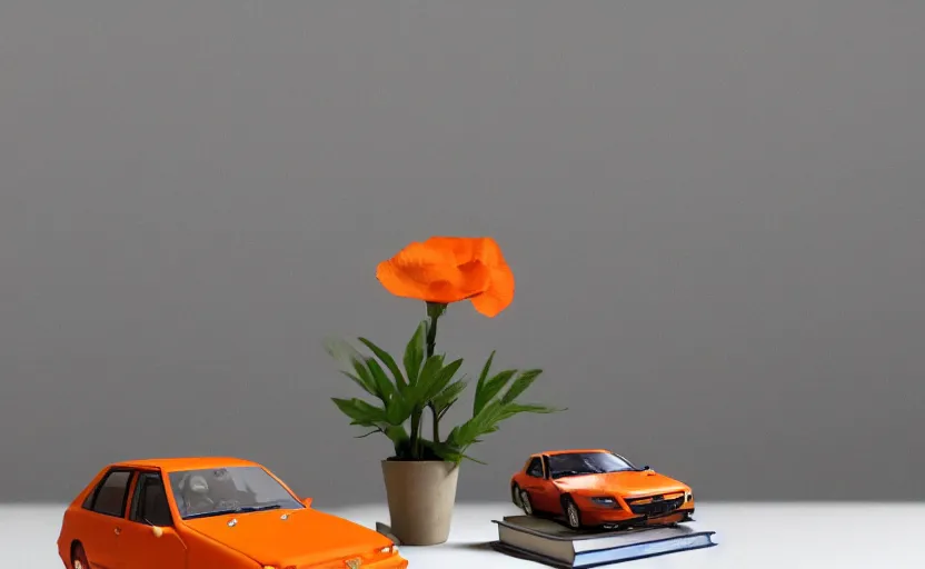 Image similar to a small miniature of a orange Toyota Corolla KE20 on a white table near a book and a vase with a plant, hyperrealistic, concept art, octane render, unreal engine 5, path tracing, complementary colors, calm, relaxing, serene, product photo, centered, symmetrical