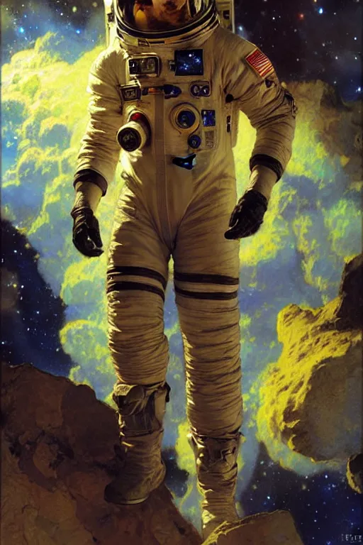 Prompt: attractive astronaut, male, painting by gaston bussiere, craig mullins, j. c. leyendecker, yoji shinkawa, tom of finland