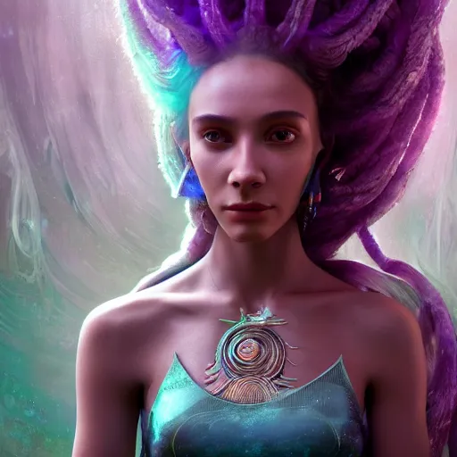 Image similar to unreal engine, octane render, 8 k techno mystic goddess princess intergalactica, with aqua neon rapunzel dreadlocks, mami wata, detailed, by gaston bussiere, bayard wu, greg rutkowski, h. r. giger, greg rutkowski, masterpiece, sharp focus,